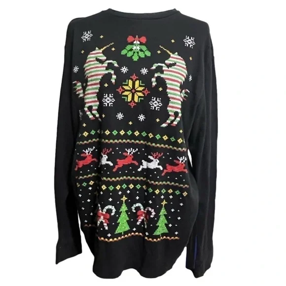 Unicorn black tacky Christmas sweater size L/Large - Picture 3 of 7